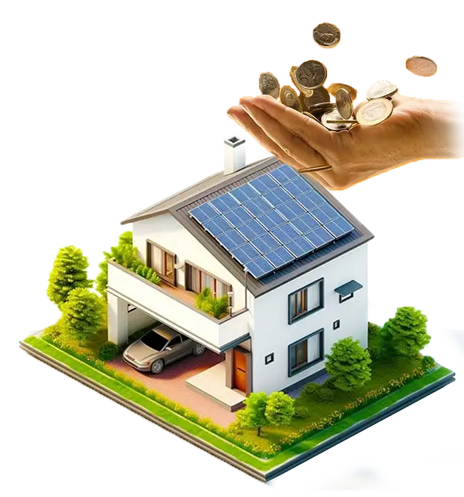 Energia Solar em Cajazeiras - Economia Garantida Vista aérea de uma casa com painéis solares em Cajazeiras, Salvador, com moedas simbolizando a economia na conta de luz.