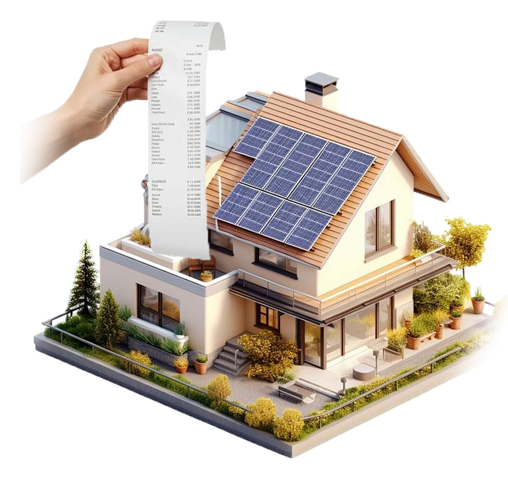 Ilustração de uma casa com painéis fotovoltaicos e tickets de desconto, representando a redução de custos com energia solar em Pirajá.